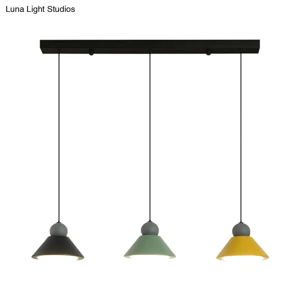 3-Light Multi Ceiling Led Pendant Lamp In Macaron Black-Green-Yellow For Dining Rooms With Metal