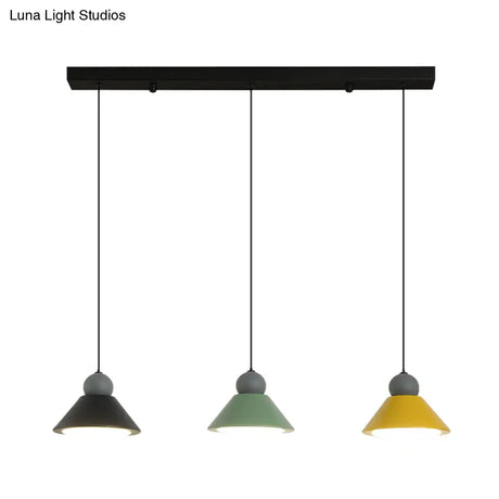 3-Light Multi Ceiling Led Pendant Lamp In Macaron Black-Green-Yellow For Dining Rooms With Metal