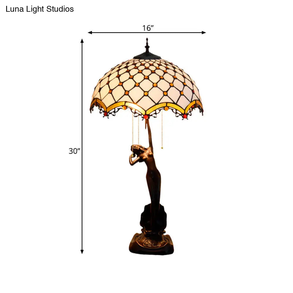 3-Light Tiffany Table Lamp With Resin Coffee Pull-Chain And Lady Statue Parrot Blue-Brown & Trellis