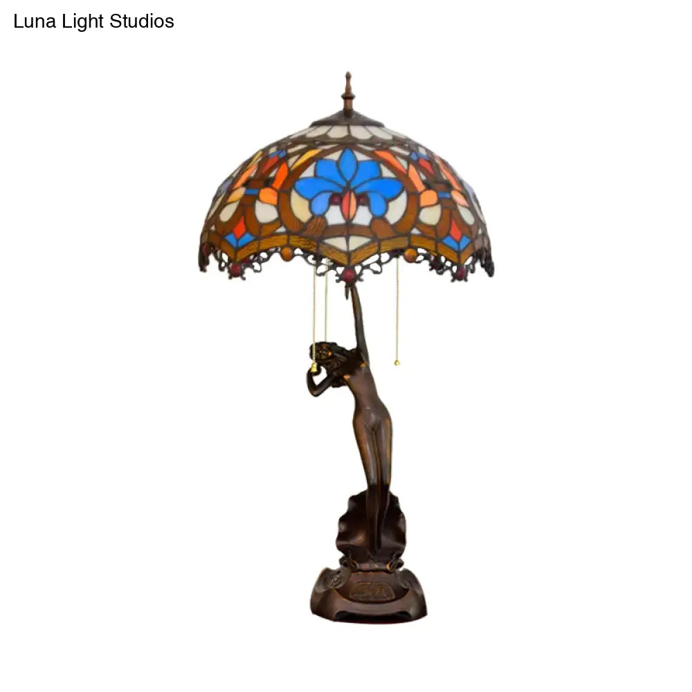3-Light Tiffany Table Lamp With Resin Coffee Pull-Chain And Lady Statue Parrot Blue-Brown & Trellis