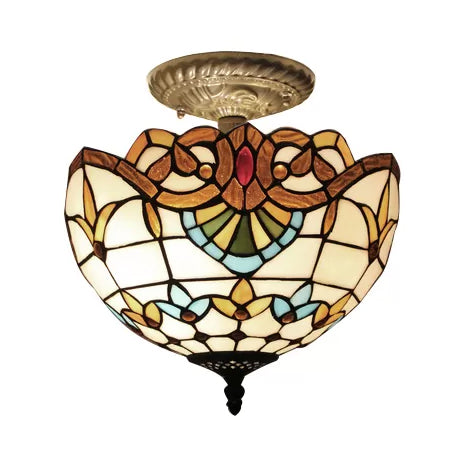 Baroque Style Glass Ceiling Light With Jewel Decoration - 2-Light Domed Semi Flush Mount For Bedroom