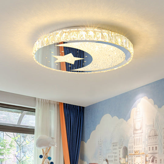 Led Nickle Flush Mount Ceiling Light With Crystal Block Shade In Warm/White Glow - Minimalist