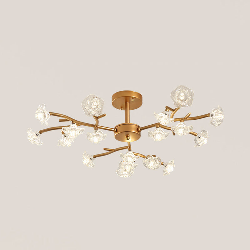Gold Led Semi - Flush Ceiling Light With Crystal Flower Design And 18/24 Bulbs