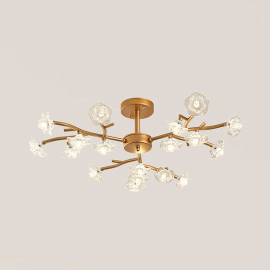 Gold Led Semi - Flush Ceiling Light With Crystal Flower Design And 18/24 Bulbs