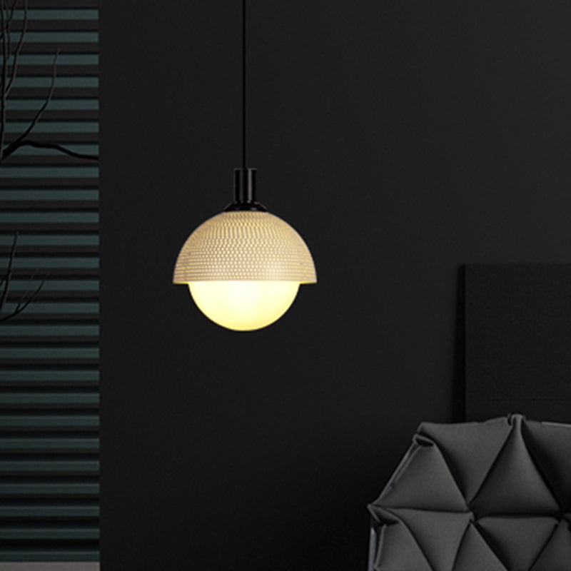 Modern Metal Bowl Ceiling Lamp With Green Accent - 1 Head Pendant Light For Bedroom In Beige/Gray