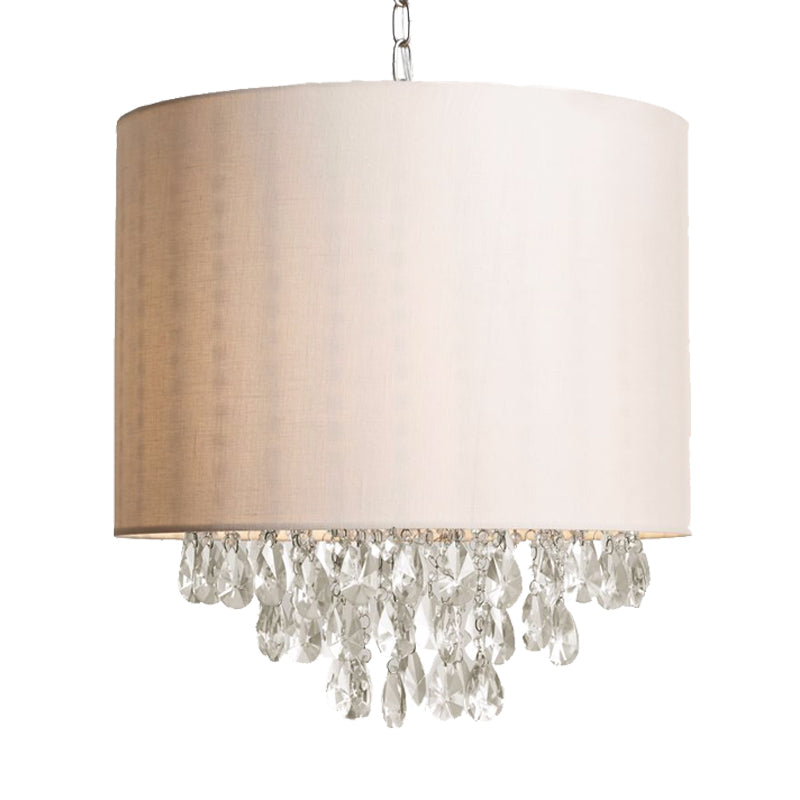 Modern Cylinder Fabric Pendant Chandelier With Crystal Drops - Beige Hanging Light (3/4 Heads)