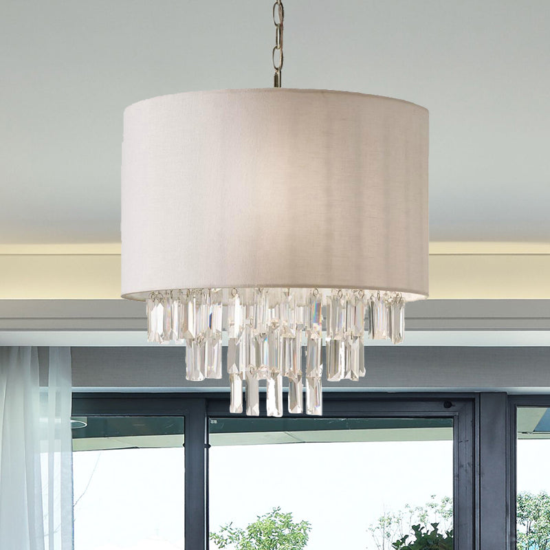 Modern Crystal Drum Chandelier: Rectangular-Cut Beige Ceiling Lamp With Fabric Shade - 3/4 Lights
