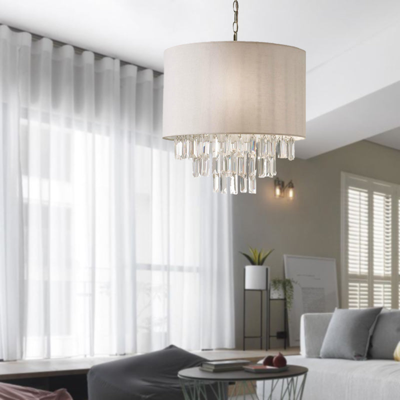 Modern Crystal Drum Chandelier: Rectangular-Cut Beige Ceiling Lamp With Fabric Shade - 3/4 Lights