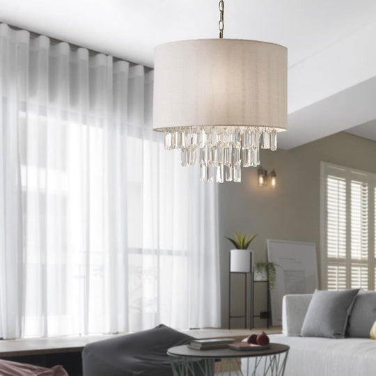 Modern Crystal Drum Chandelier: Rectangular-Cut Beige Ceiling Lamp With Fabric Shade - 3/4 Lights