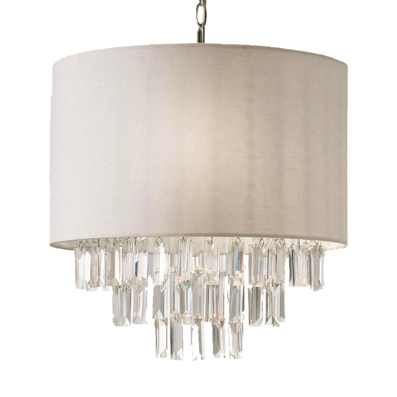 Modern Crystal Drum Chandelier: Rectangular-Cut Beige Ceiling Lamp With Fabric Shade - 3/4 Lights