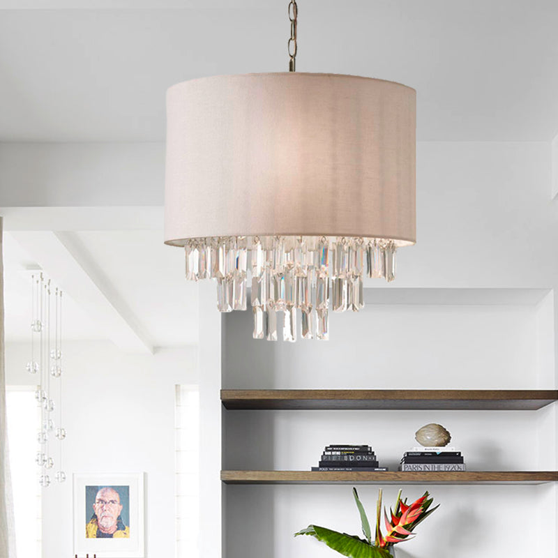 Modern Crystal Drum Chandelier: Rectangular-Cut Beige Ceiling Lamp With Fabric Shade - 3/4 Lights