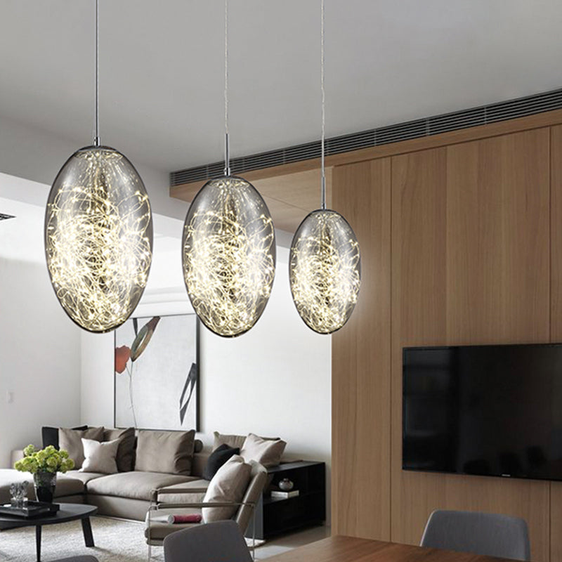 Contemporary Oval Led Pendant Light In Smoke Gray/Amber Glass For Living Rooms