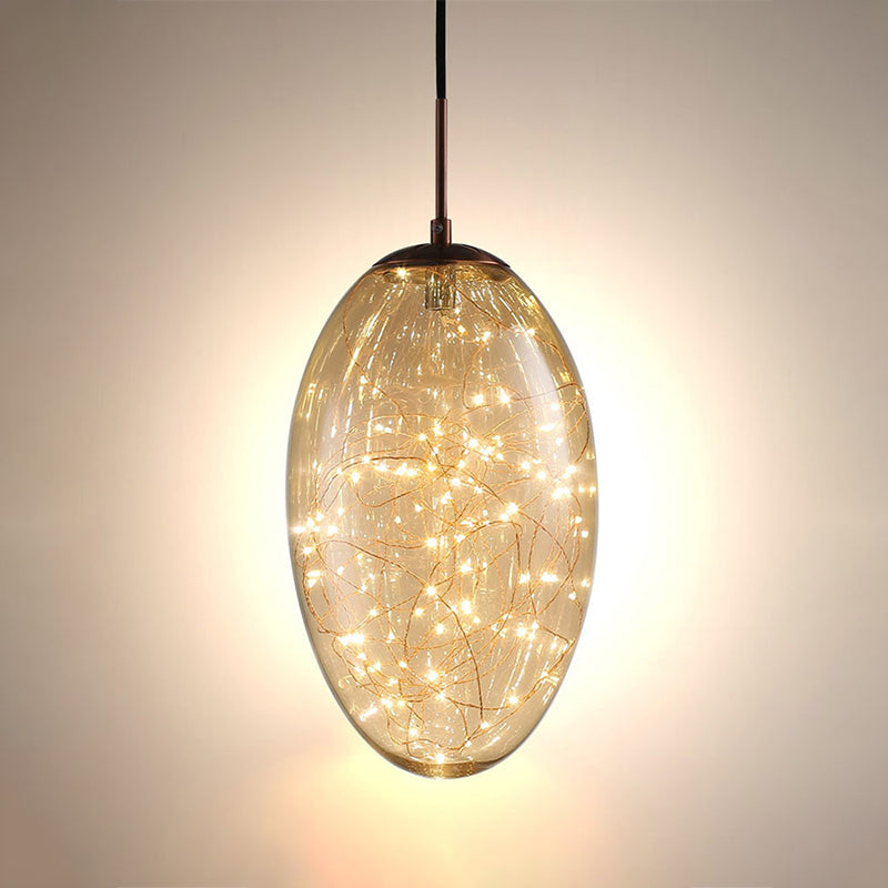 Contemporary Oval Led Pendant Light In Smoke Gray/Amber Glass For Living Rooms