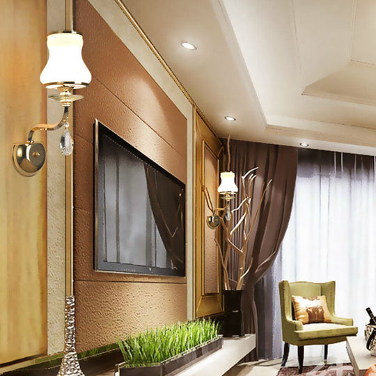 Vintage White Glass Bell Wall Lamp With Crystal Accent And Led Lighting For Living Room (1/2 Heads)