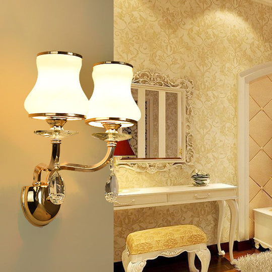 Vintage White Glass Bell Wall Lamp With Crystal Accent And Led Lighting For Living Room (1/2 Heads)