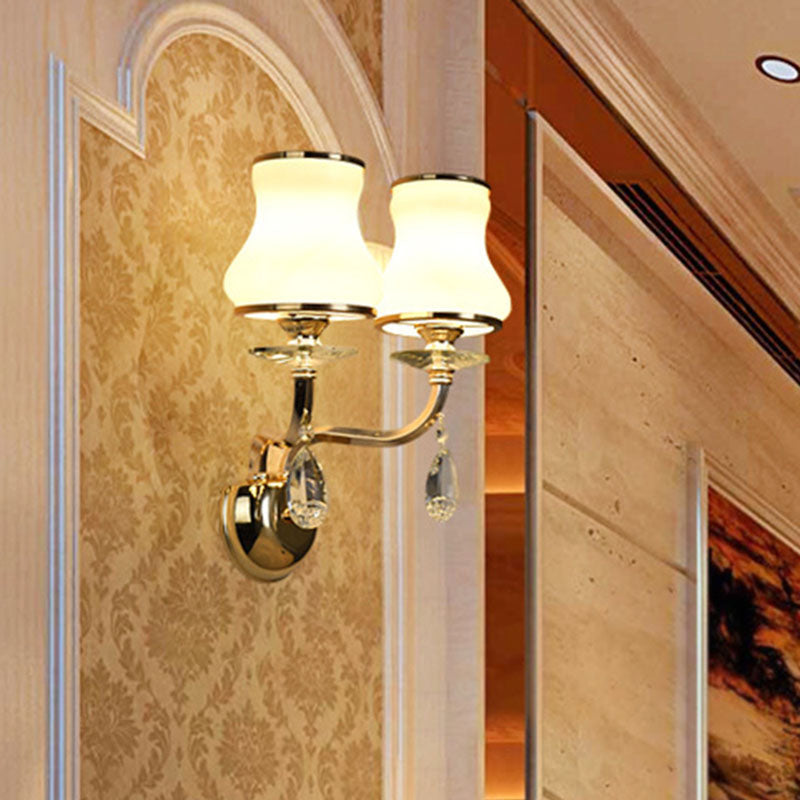 Vintage White Glass Bell Wall Lamp With Crystal Accent And Led Lighting For Living Room (1/2 Heads)