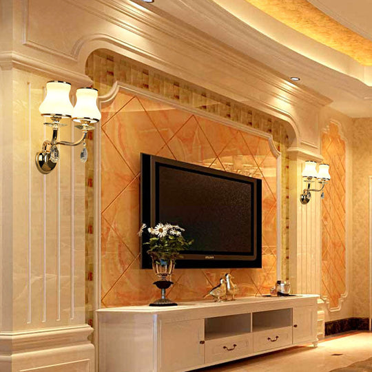 Vintage White Glass Bell Wall Lamp With Crystal Accent And Led Lighting For Living Room (1/2 Heads)