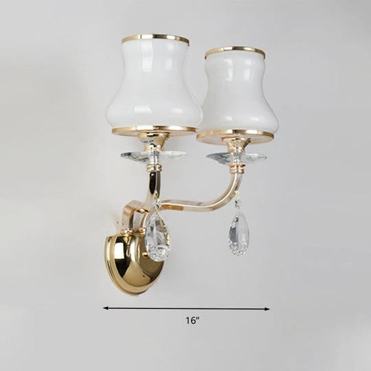 Vintage White Glass Bell Wall Lamp With Crystal Accent And Led Lighting For Living Room (1/2 Heads)