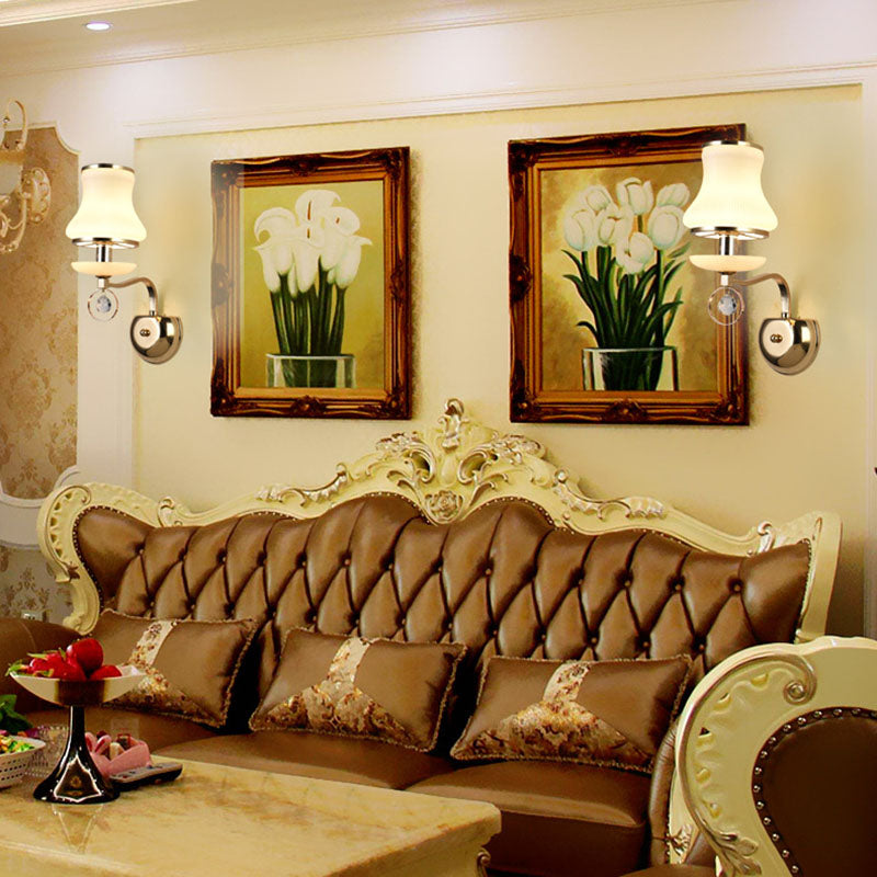 Vintage White Glass Bell Wall Lamp With Crystal Accent And Led Lighting For Living Room (1/2 Heads)