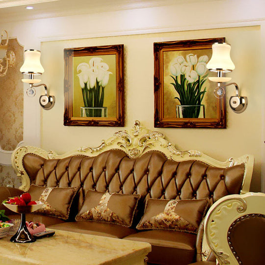 Vintage White Glass Bell Wall Lamp With Crystal Accent And Led Lighting For Living Room (1/2 Heads)