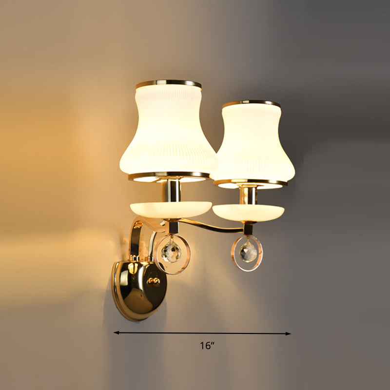 Vintage White Glass Bell Wall Lamp With Crystal Accent And Led Lighting For Living Room (1/2 Heads)