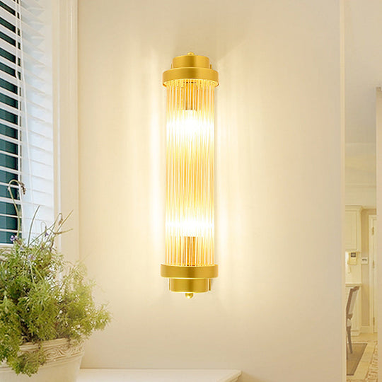 Vintage Gold Cylinder Wall Sconce With Clear Glass And Dual Led Lights For Bedroom