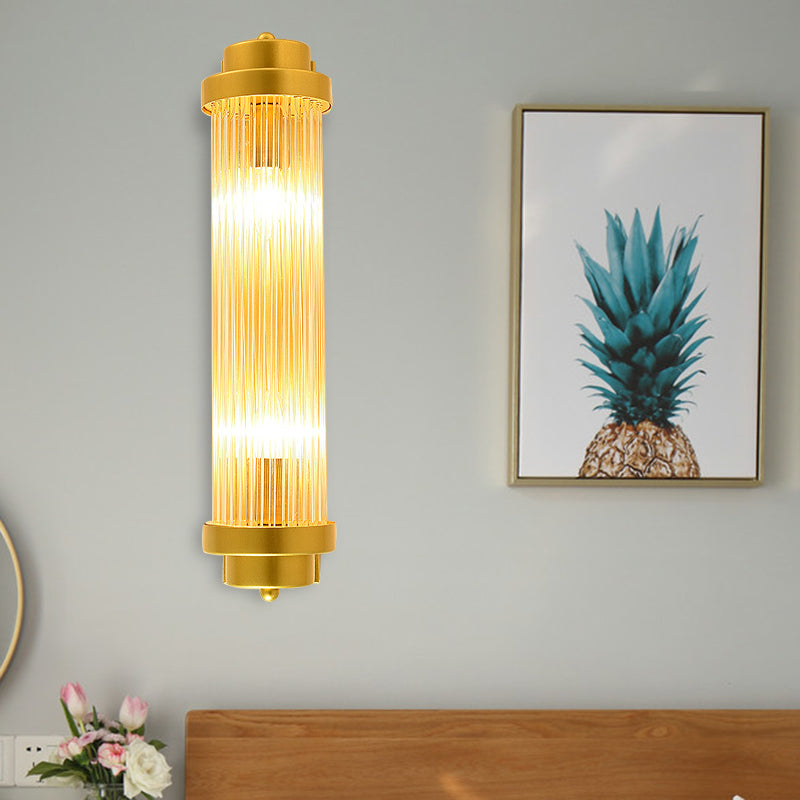 Vintage Gold Cylinder Wall Sconce With Clear Glass And Dual Led Lights For Bedroom