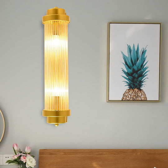 Vintage Gold Cylinder Wall Sconce With Clear Glass And Dual Led Lights For Bedroom