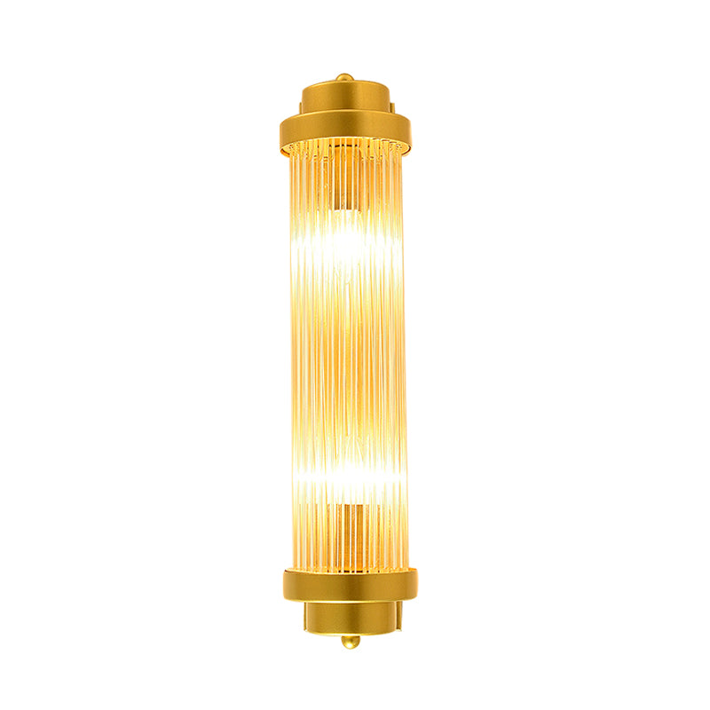 Vintage Gold Cylinder Wall Sconce With Clear Glass And Dual Led Lights For Bedroom