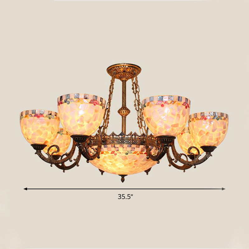 Tiffany-Style Shell Domed Ceiling Chandelier With Adjustable Beige Suspension - 5/9/11 Lights For