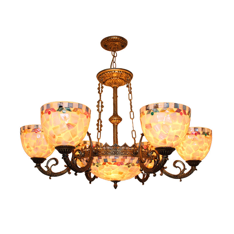 Tiffany-Style Shell Domed Ceiling Chandelier With Adjustable Beige Suspension - 5/9/11 Lights For