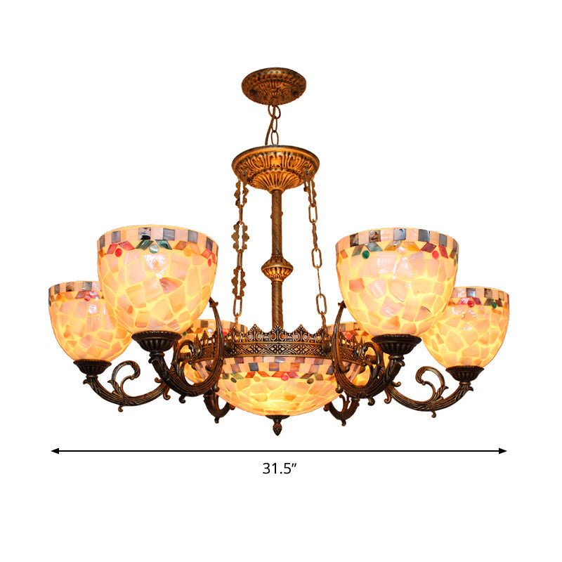 Tiffany-Style Shell Domed Ceiling Chandelier With Adjustable Beige Suspension - 5/9/11 Lights For
