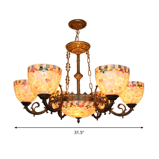 Tiffany-Style Shell Domed Ceiling Chandelier With Adjustable Beige Suspension - 5/9/11 Lights For