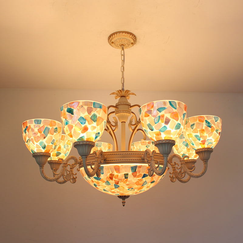 Tiffany Mosaic Pendant Chandelier - 9/11 Lights Shell Hanging Ceiling Light Beige Living Room