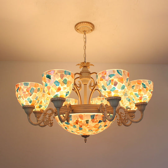 Tiffany Mosaic Pendant Chandelier - 9/11 Lights Shell Hanging Ceiling Light Beige Living Room