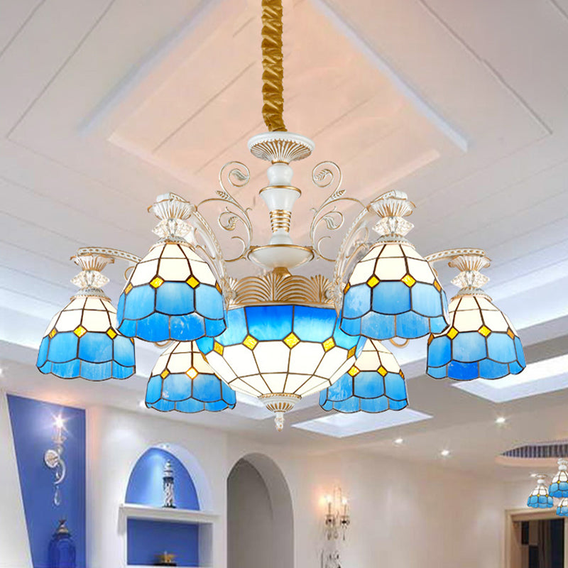 Tiffany Stained Glass Blue Chandelier Pendant Light with Grid Pattern 5/9/11 Lights