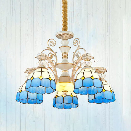 Tiffany Stained Glass Blue Chandelier Pendant Light with Grid Pattern 5/9/11 Lights 5 / Blue