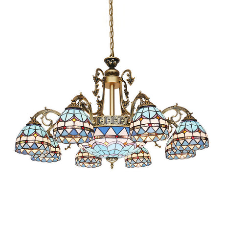 Mediterranean Dome Stained Glass 9/11 Lights Chandelier In Blue - Elegant Hanging Lamp Fixture