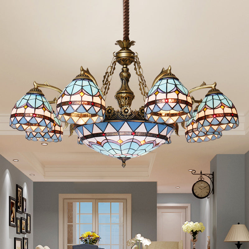 Tiffany Cut Glass Chandelier With Blue Lights And Domed Shade 11 /