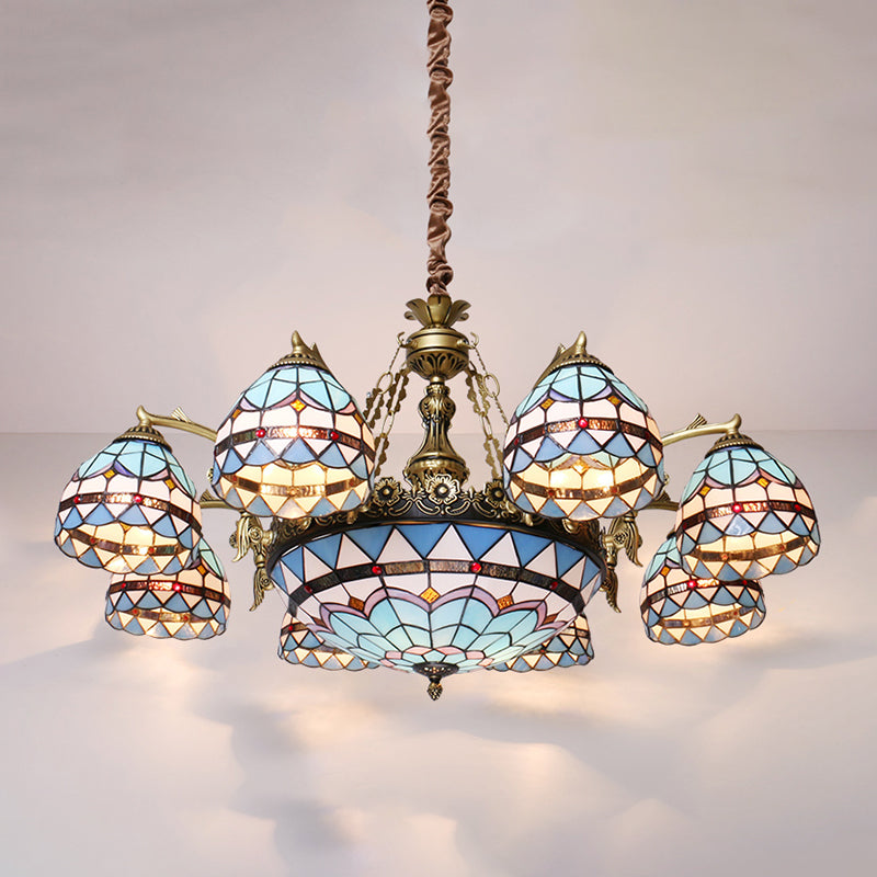 Tiffany Cut Glass Chandelier With Blue Lights And Domed Shade