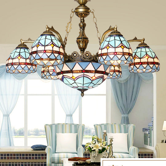 Tiffany Cut Glass Chandelier With Blue Lights And Domed Shade 9 /