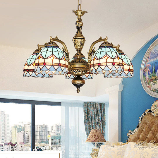 Tiffany Cut Glass Chandelier With Blue Lights And Domed Shade 5 /