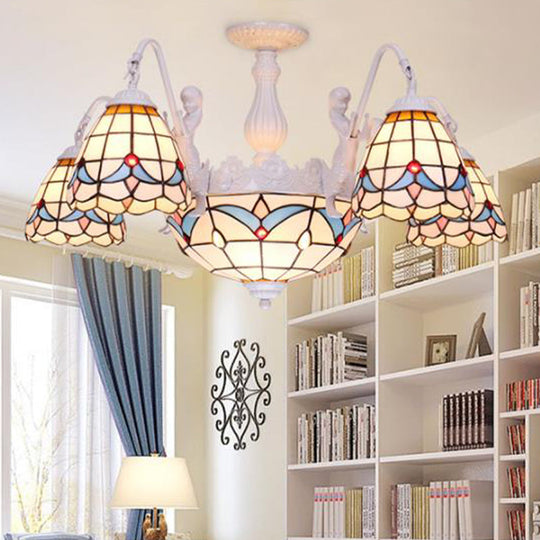 Mediterranean Stained Glass Dome Chandelier With 8/9/11 Lights - White Ceiling Pendant Light 8 /
