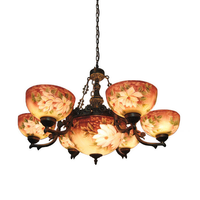 Tiffany Bronze Chandelier With Dome Stained Glass Shade - 3/7 Lights Pendant Fixture For Living