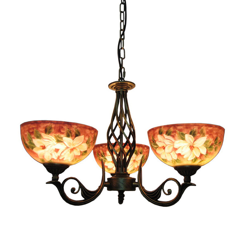 Tiffany Bronze Chandelier With Dome Stained Glass Shade - 3/7 Lights Pendant Fixture For Living