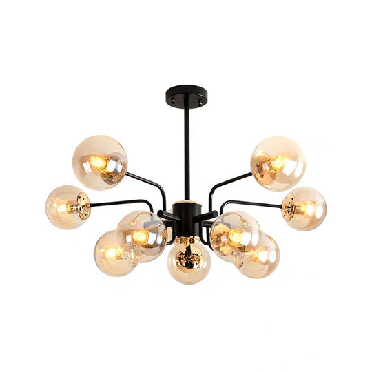 Contemporary Amber Glass Chandelier - 10-Bulb Sphere Pendant Ceiling Light In Black For Living Room