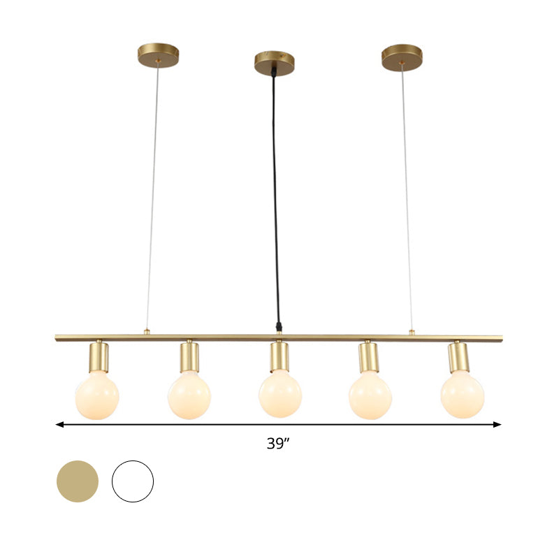 Contemporary Linear Metal Island Lighting With 5 Bulbs - White/Gold Finish Ceiling Lamp For Dining