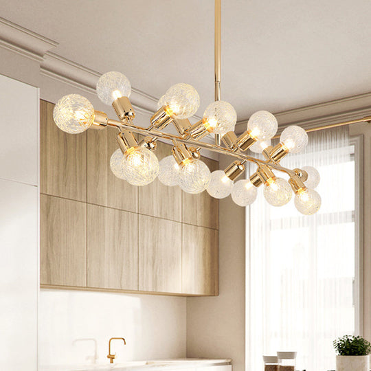 Contemporary Gold Linear Led Island Lighting - 18 Lights Hanging Ceiling Lamp With Ribbing Glass