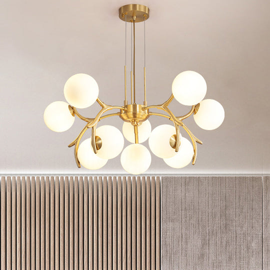 Modern Opal Frosted Glass 10-Head Pendant Chandelier In Gold - Round Hanging Lighting Fixture