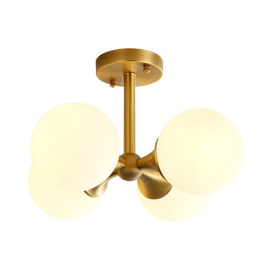 Contemporary Gold Ball Semi Flush Ceiling Light With 4 Milky Glass Heads